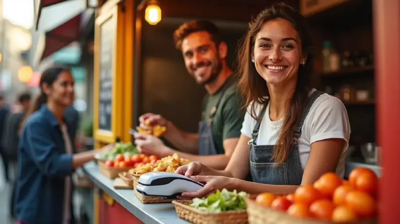 Vendedor em um food truck processando um pagamento em uma maquininha autônoma com chip 4G