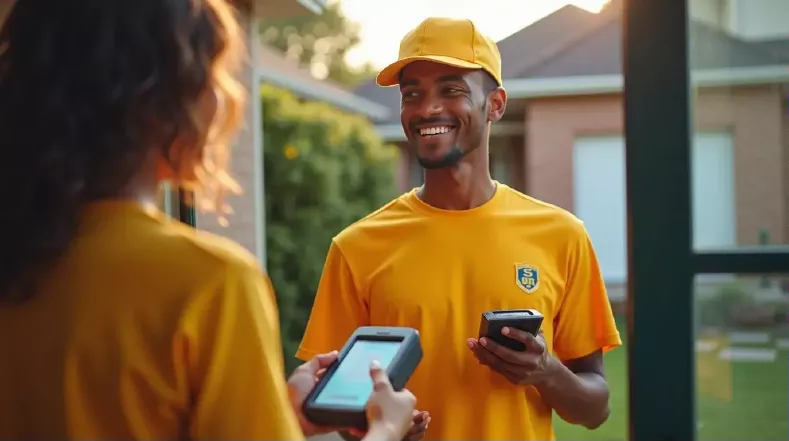Entregador de delivery usando uma maquininha portátil para receber o pagamento na porta do cliente.