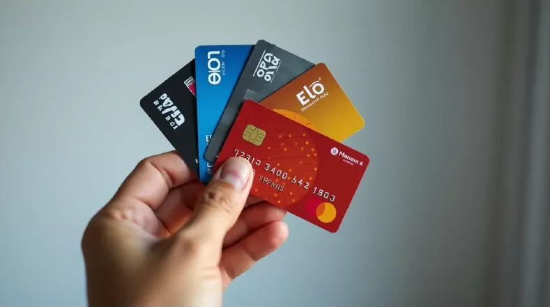 Mão segurando vários cartões de crédito de diferentes bandeiras como Visa, Mastercard e Elo