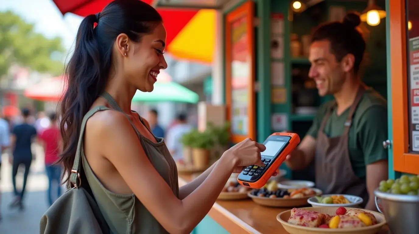 Vendedor utilizando uma maquininha com conexão 4G em um ambiente externo
